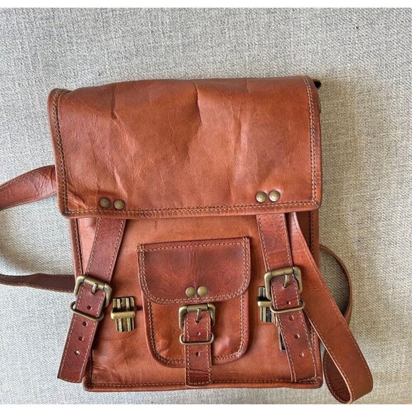 Vintage leather cross body messenger bag brass buckles Men's - Picture 13 of 16